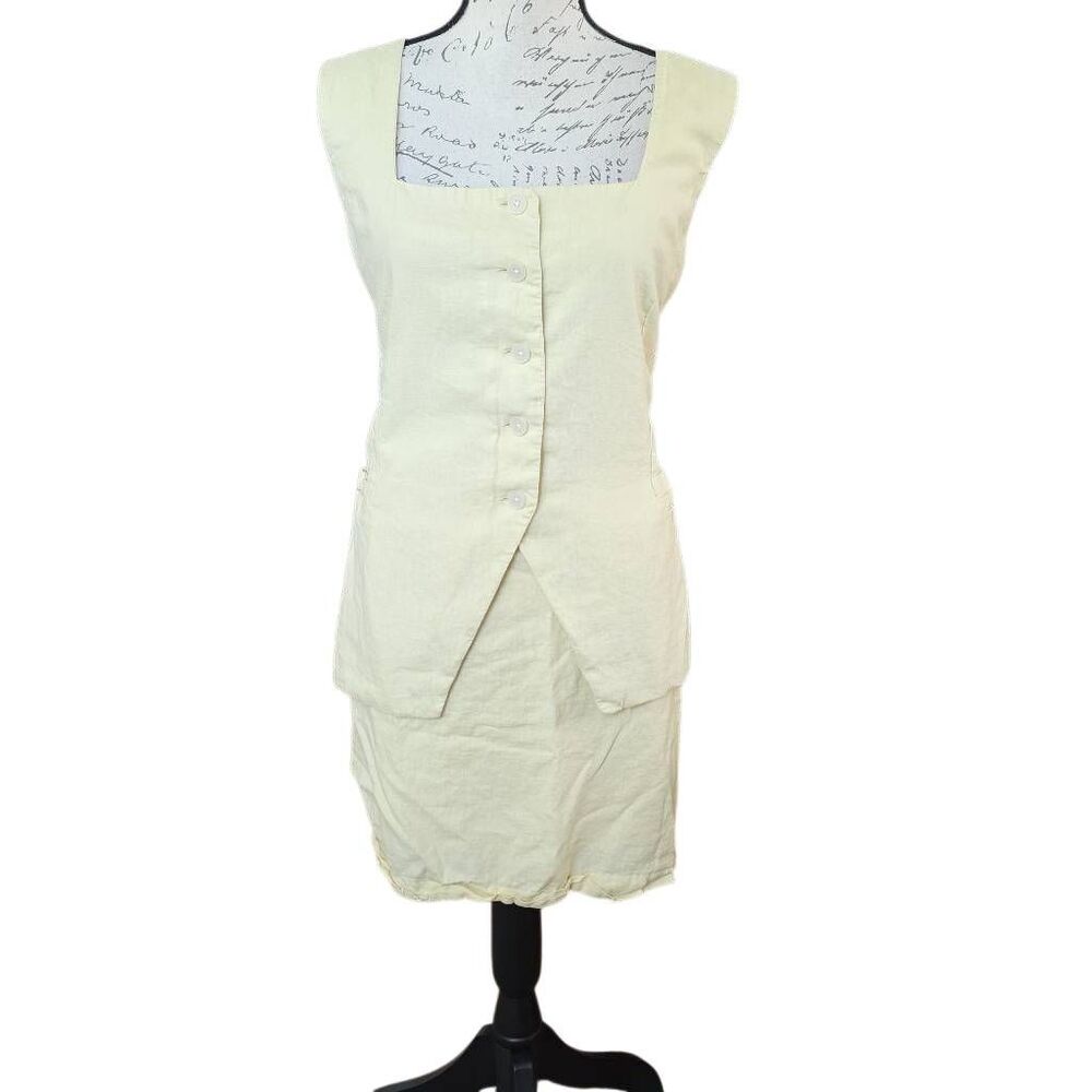 Loft Women's Size XL/16 Pale Yellow Linen Blend Two Piece Skirt Top Set